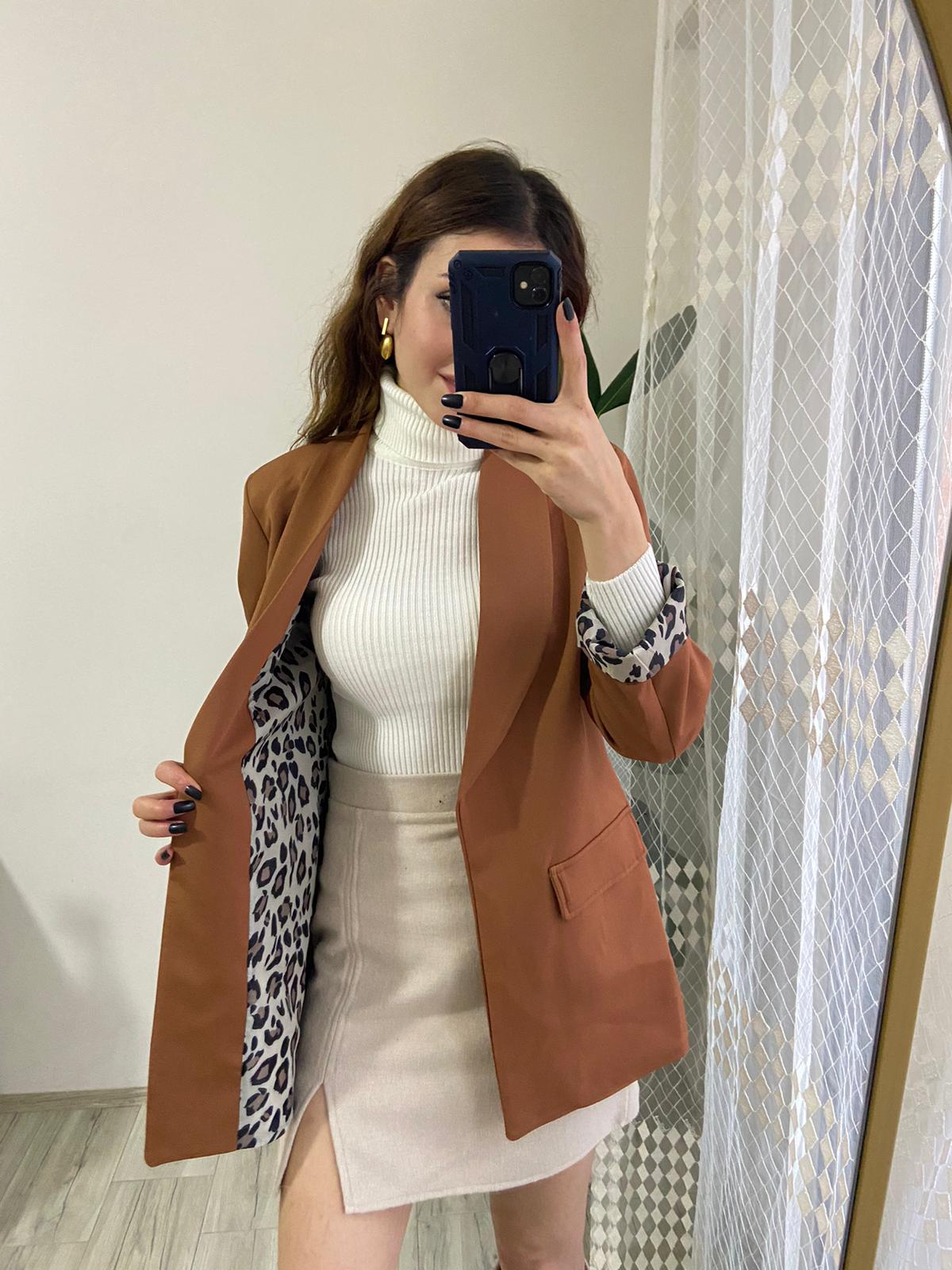 Leopar Desen Blazer Ceket